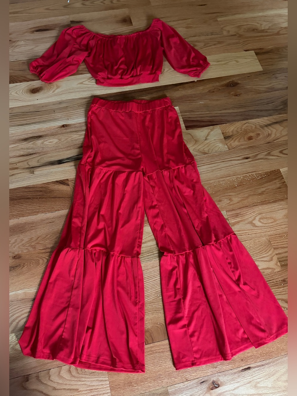 Red Off-Shoulder Crop Top and Tiered Flared Pants Set